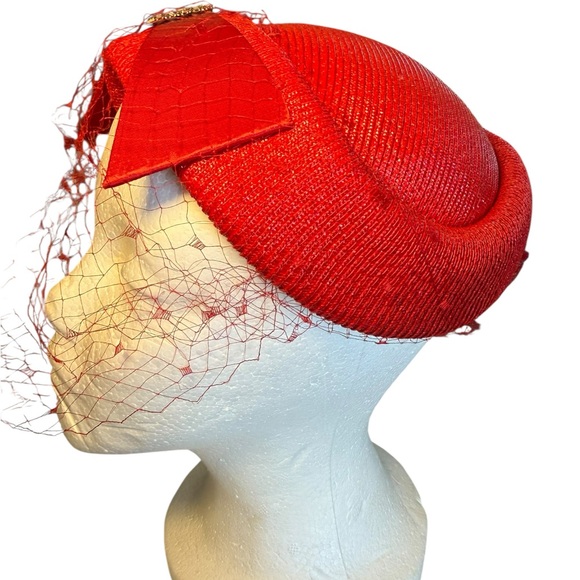 Vintage Red Veil Hat with Sparkling Detail - Picture 2 of 7